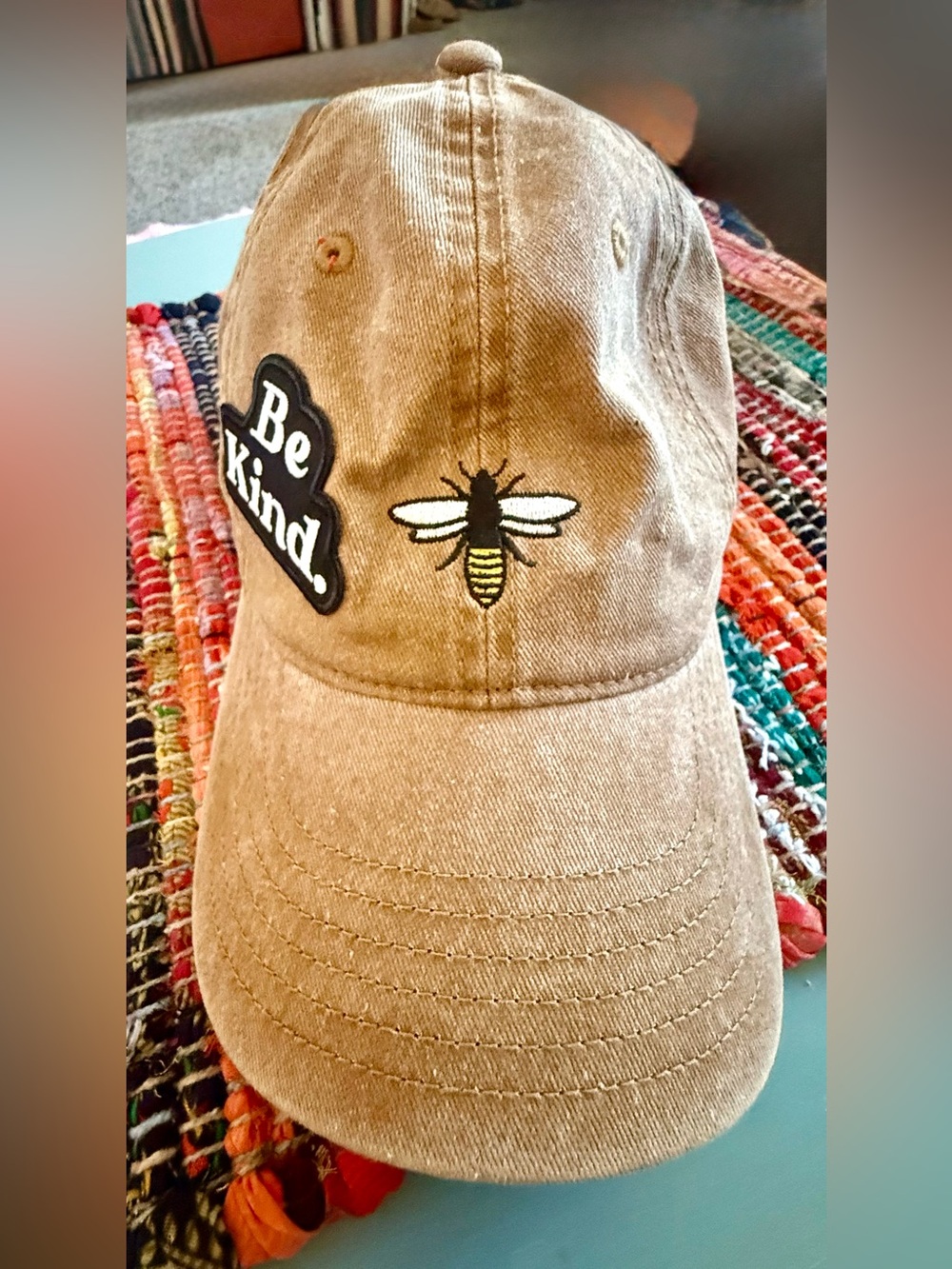 Mighty Fine Tan Baseball Cap with Bee Patch and "Be Kind" Patch